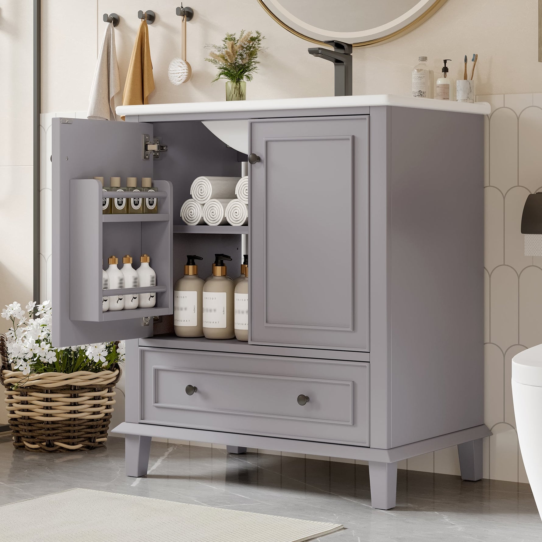 Floor-standing Bathroom Cabinet with Integrated Ceramic Washbasin and Solid Wood Legs, Grey