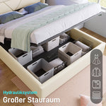 Hydraulic Storage Bed, 160x200cm Upholstered with LED Strip, White