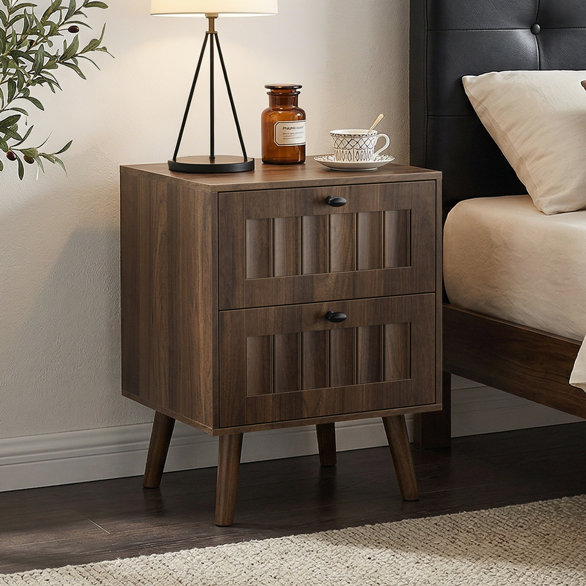 Modern Bedside Table with Two Drawers and Solid Wood Legs, 43.5 x 40 x 57.5 cm, Walnut