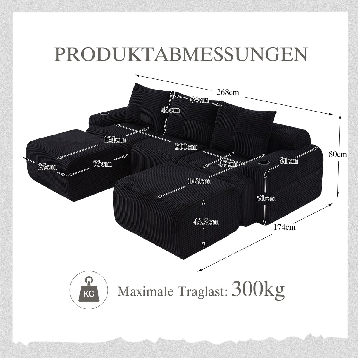 Modular Sofa - 3-Seater with 2 Ottomans, Modular, Cup Holders, Storage - Black Corduroy