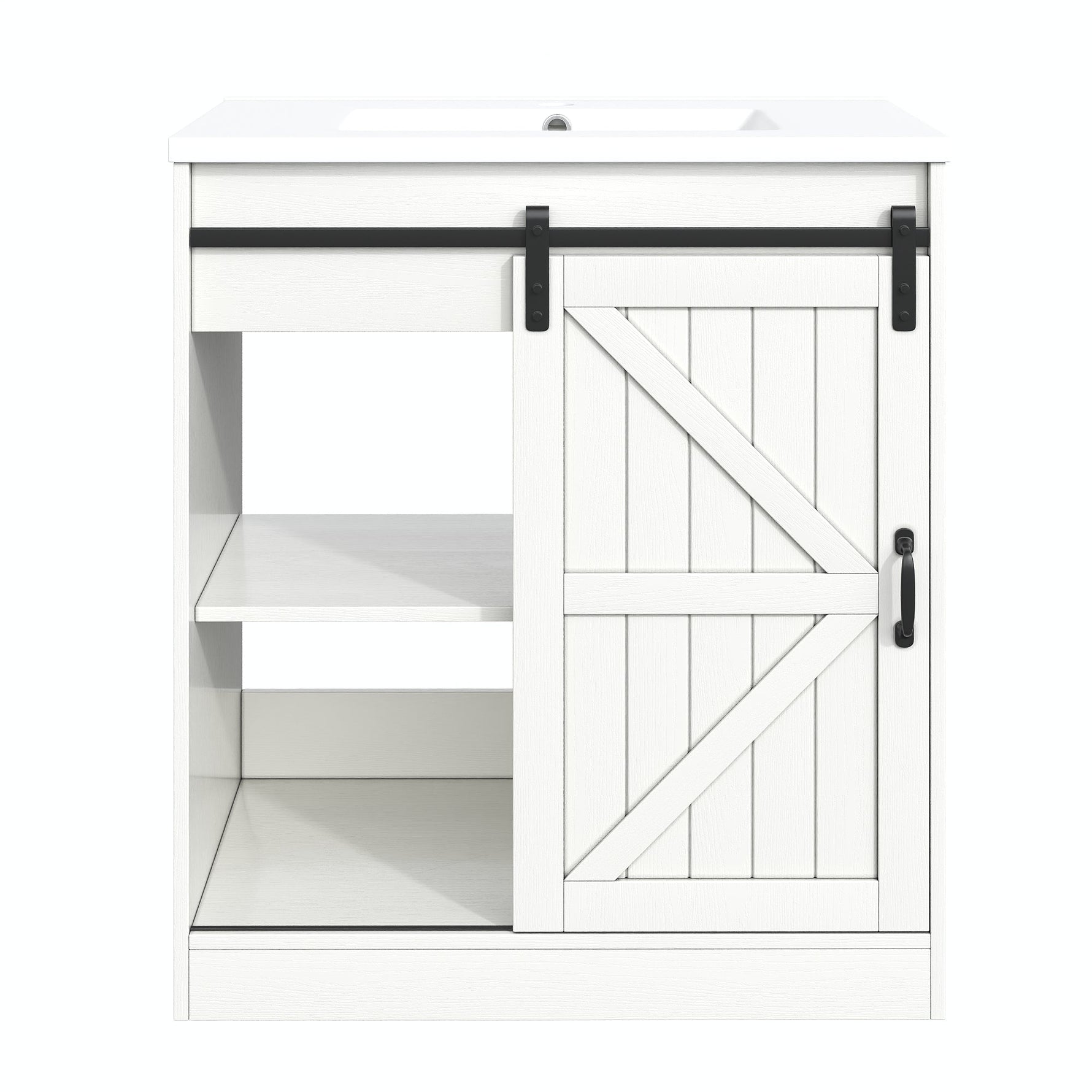 Bathroom Vanity Unit with Ceramic Sink and Barn Door Storage, White