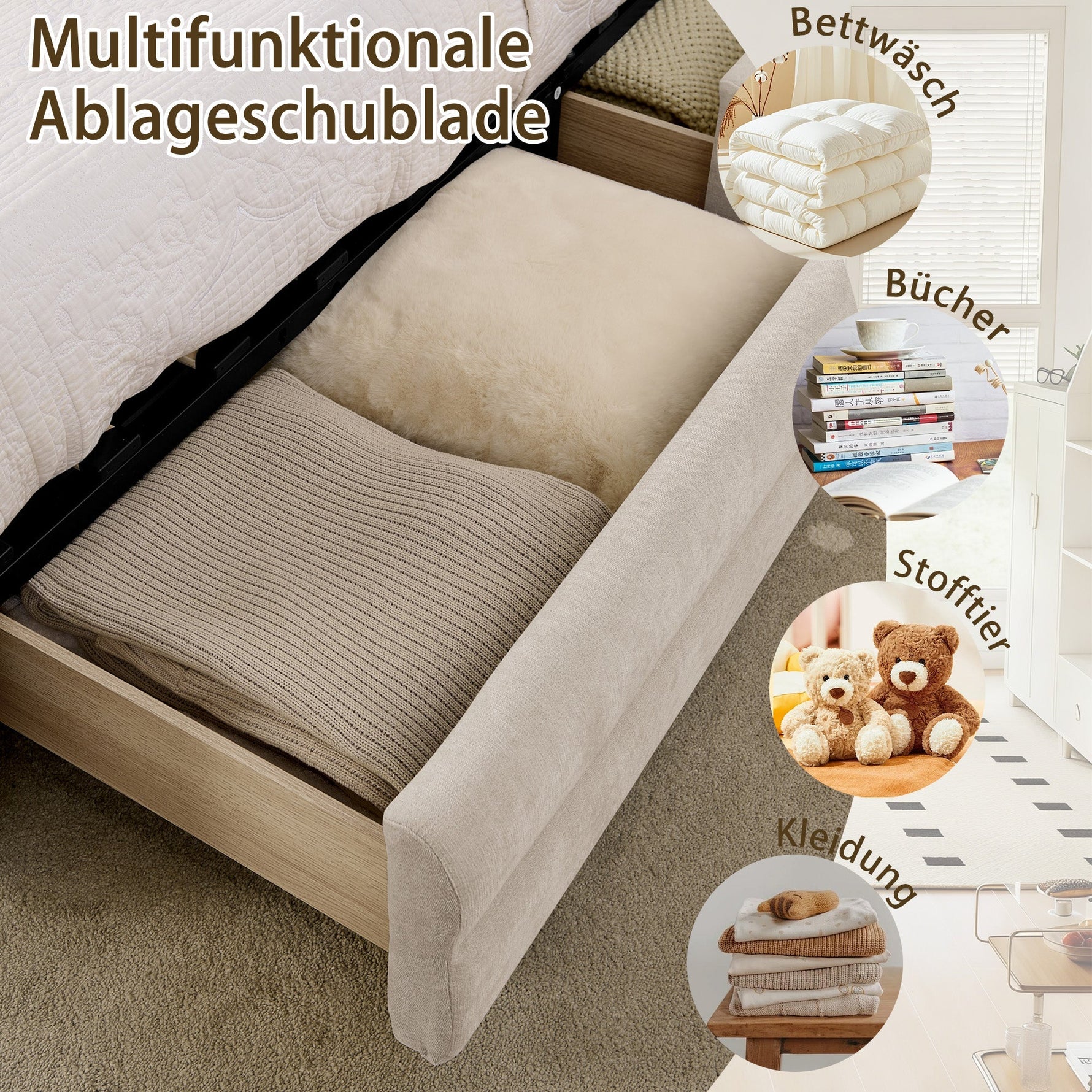 Double Bed 160x200cm Storage USB Charging Port Soft Chenille Beige