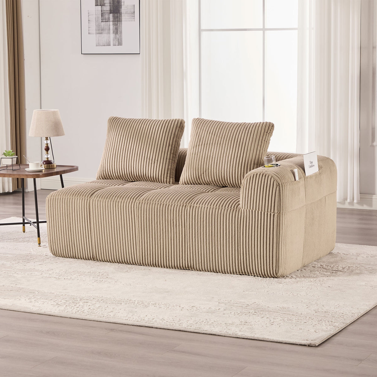 Two-Seater Sofa - No Assembly Storage Pocket Drink Holder - Corduroy
