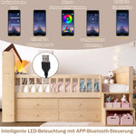 Mid-Height House Bed 90x200cm with Drawers & LED, Natural Wood
