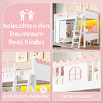 Bunk Bed with LED Lights, Wardrobe & Drawer, White Pine Wood