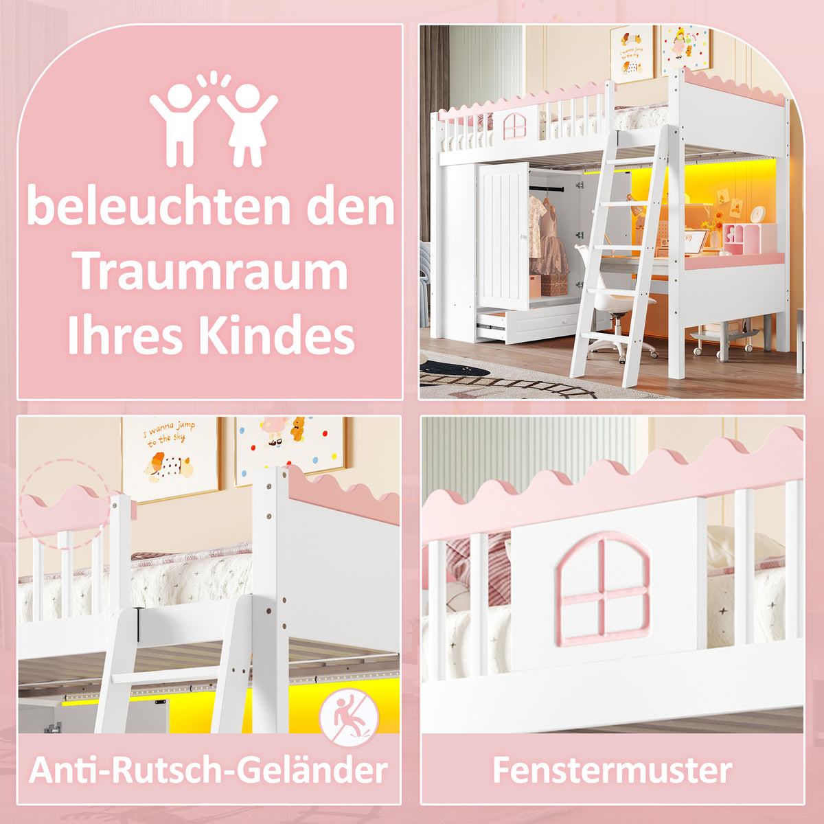 Bunk Bed with LED Lights, Wardrobe & Drawer, White Pine Wood