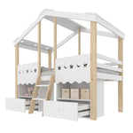 House Shape Loft Bed 90x200cm with 2 Drawers & LED, White + Natural