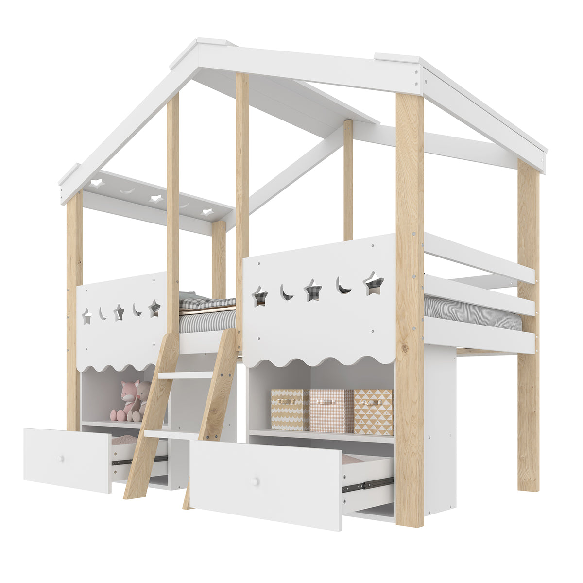 House Shape Loft Bed 90x200cm with 2 Drawers & LED, White + Natural