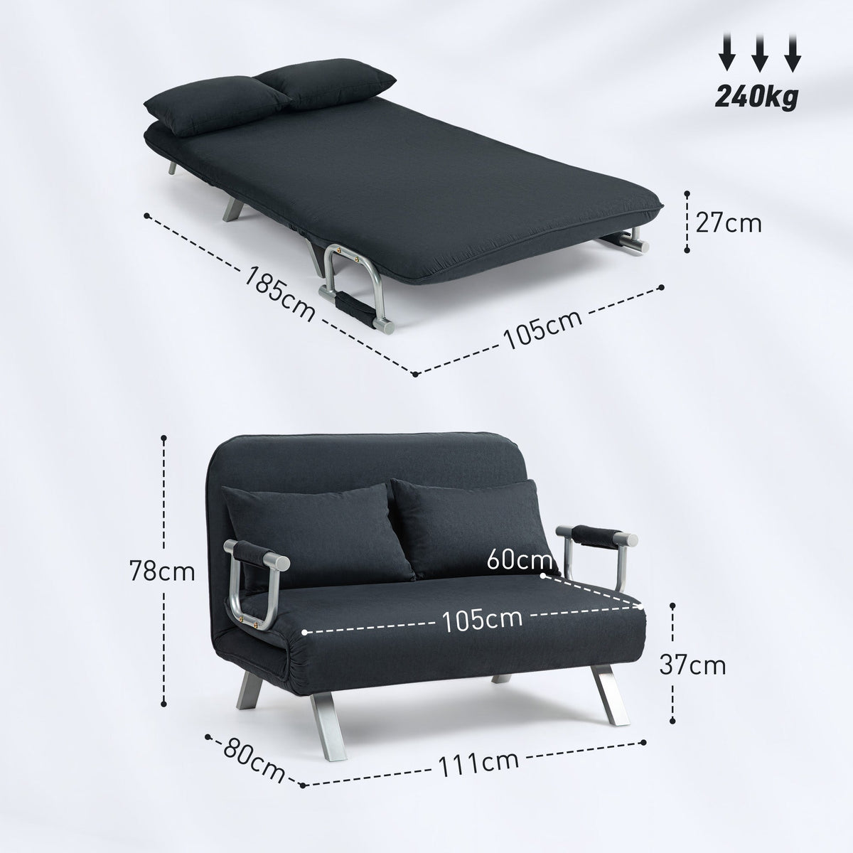 Sleeper Sofa 2-Seater Adjustable Backrest Velvet Black