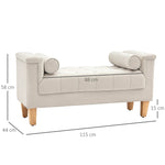 Upholstered Bench, Armrest Bed Bench, 2 Cylinder Cushions, Wooden Frame, Beige Chenille