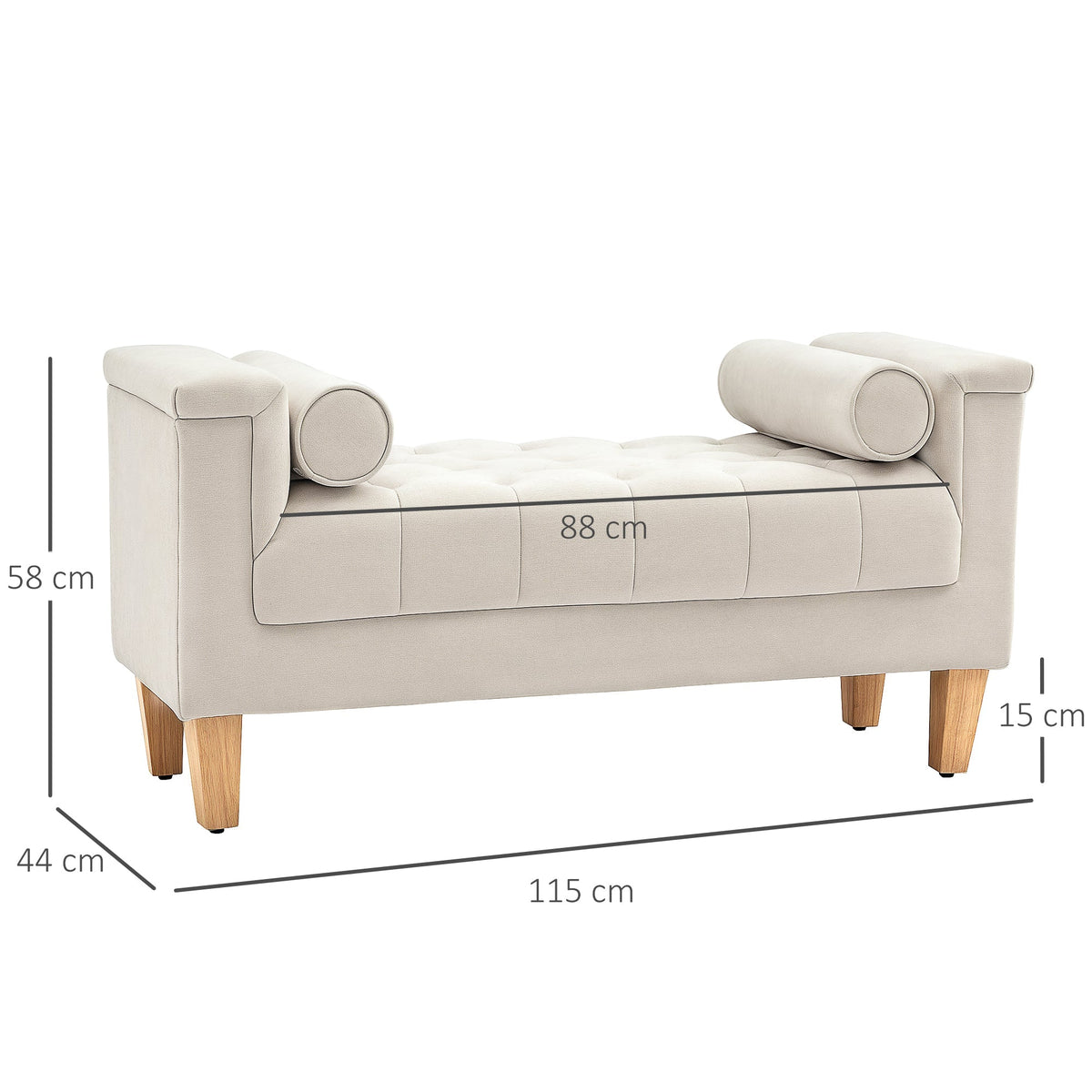Upholstered Bench, Armrest Bed Bench, 2 Cylinder Cushions, Wooden Frame, Beige Chenille