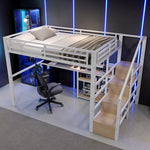Loft Bed 140x200cm with Ladder Cabinet & LED, White Metal
