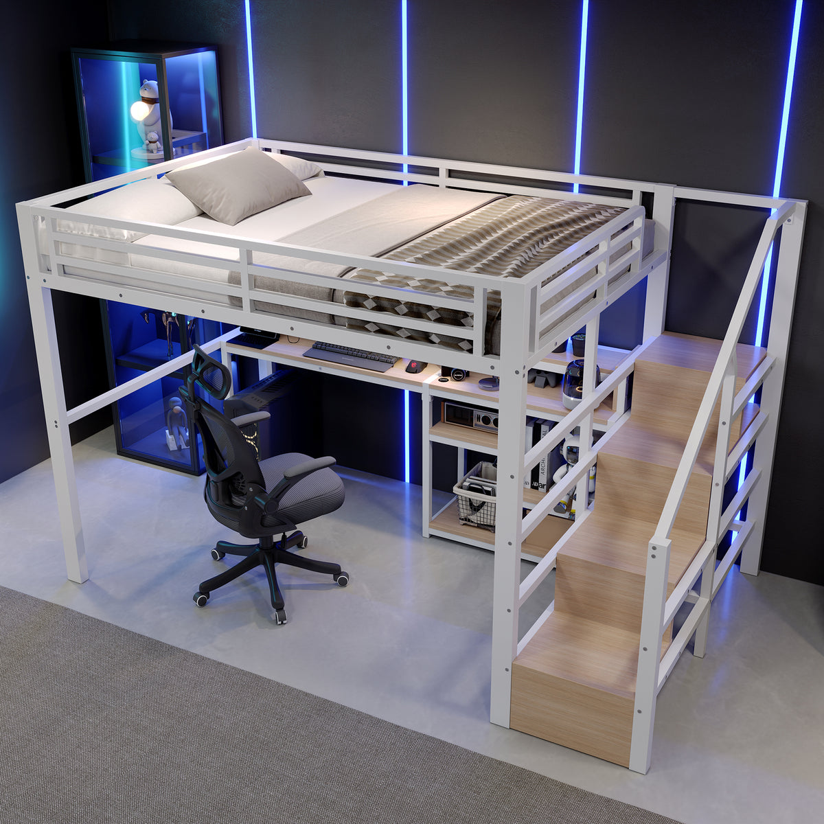 Loft Bed 140x200cm with Ladder Cabinet & LED, White Metal