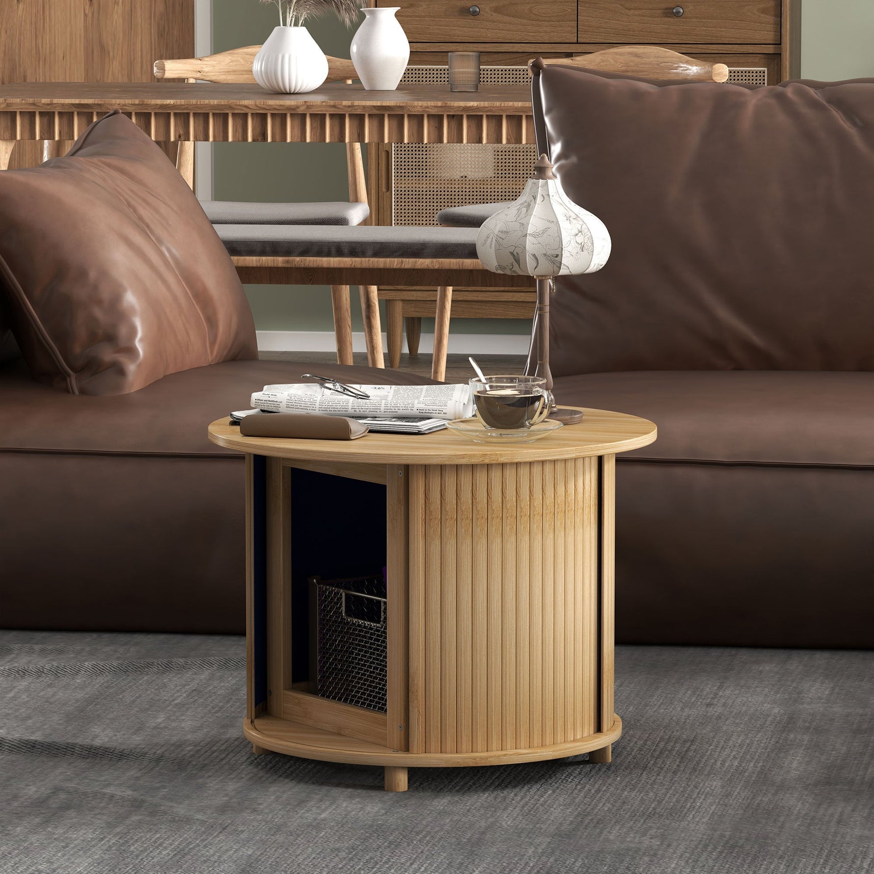 Bamboo Coffee Table, Hidden Storage Round Side Table, Natural