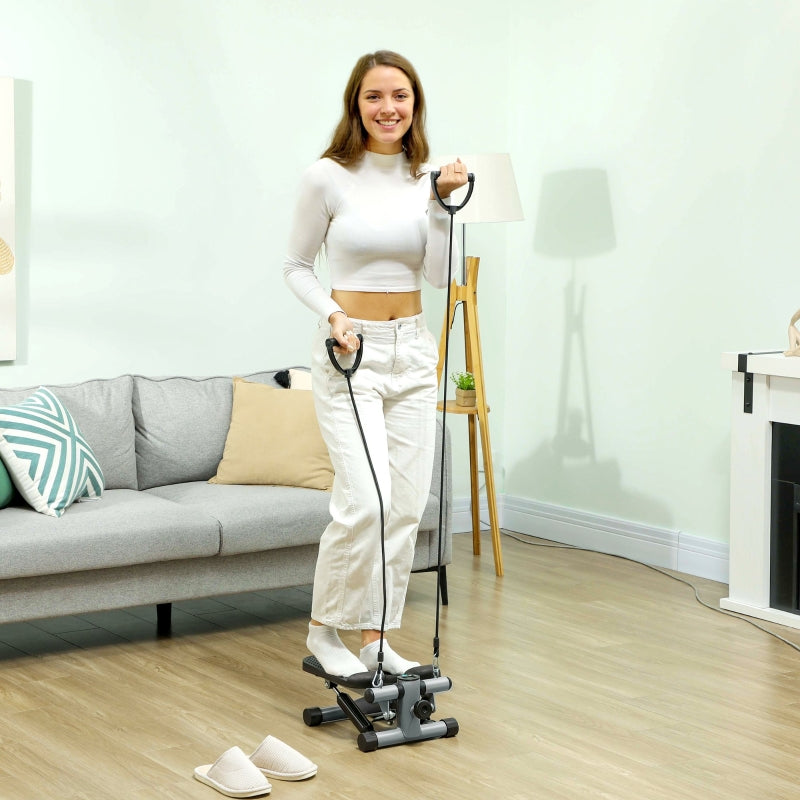 Mini Stepper 2-in-1 with Power Ropes, Up-Down Swing, LCD Display, Gray
