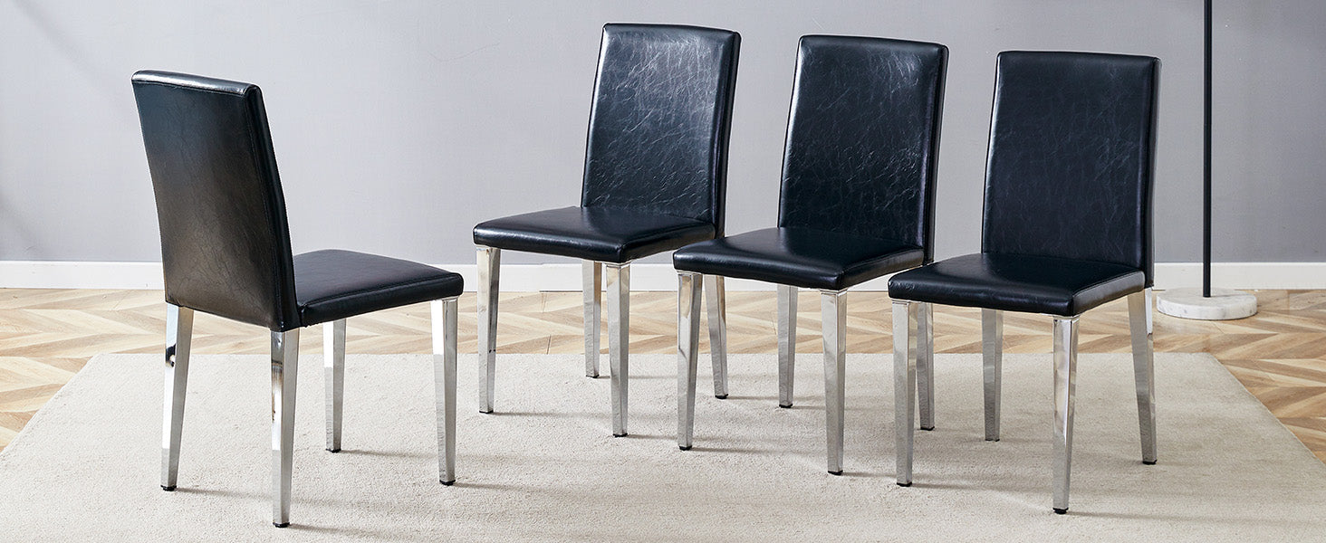 Minimalist Dining Chairs Set of 4, Modern Ergonomic Design with Metal Legs, Black PU Leather and Silver