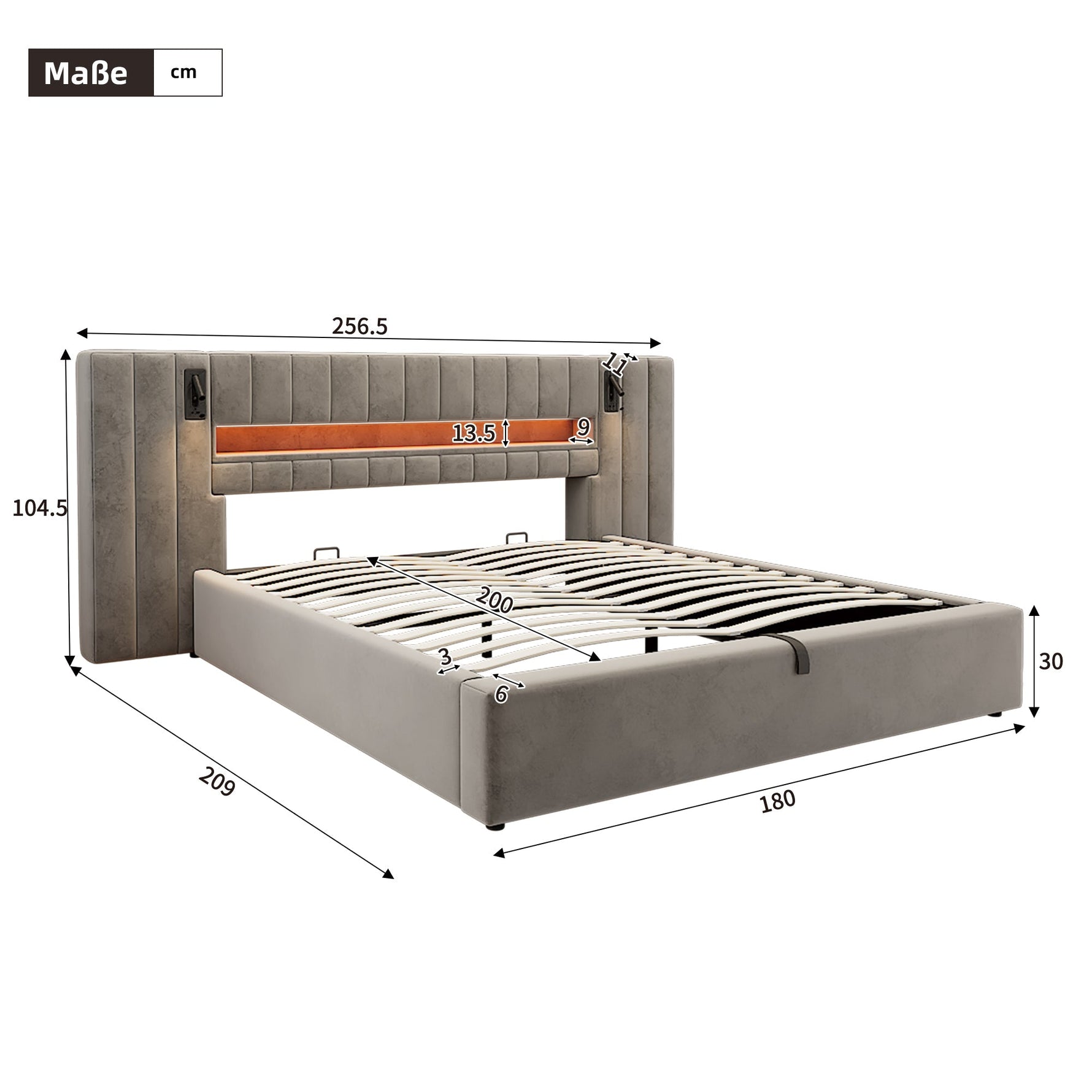 Upholstered Double Bed 180x200cm USB LED Storage - Velvet Grey