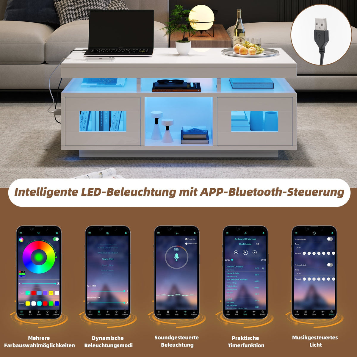 Coffee Table 100x50x43cm LED Lights Charging Port High-Gloss White