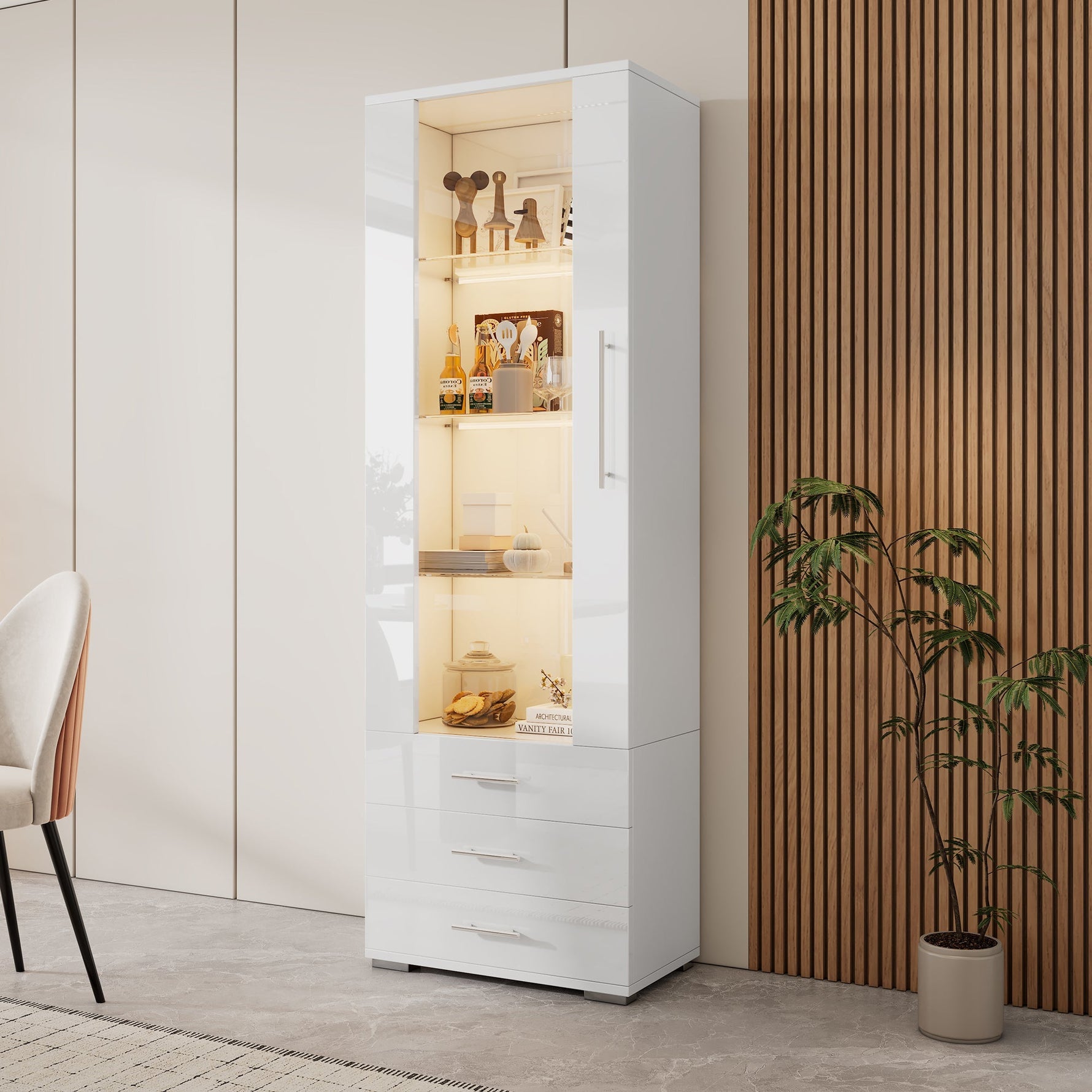 Display Cabinet Freestanding LED Glass 3 Drawers 60x35x180cm, High-Gloss White