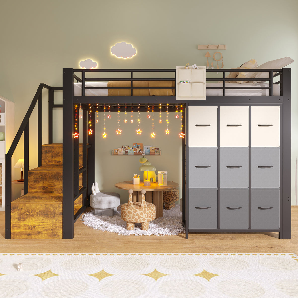 Loft Bed 140x200cm with Storage Stairs & Drawers, Black Metal