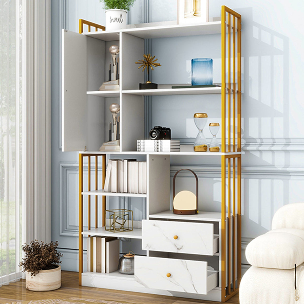 Bookcase, 6-Shelf Vertical with Doors & Drawers, Industrial Steel, White Marbled with Gold Frame