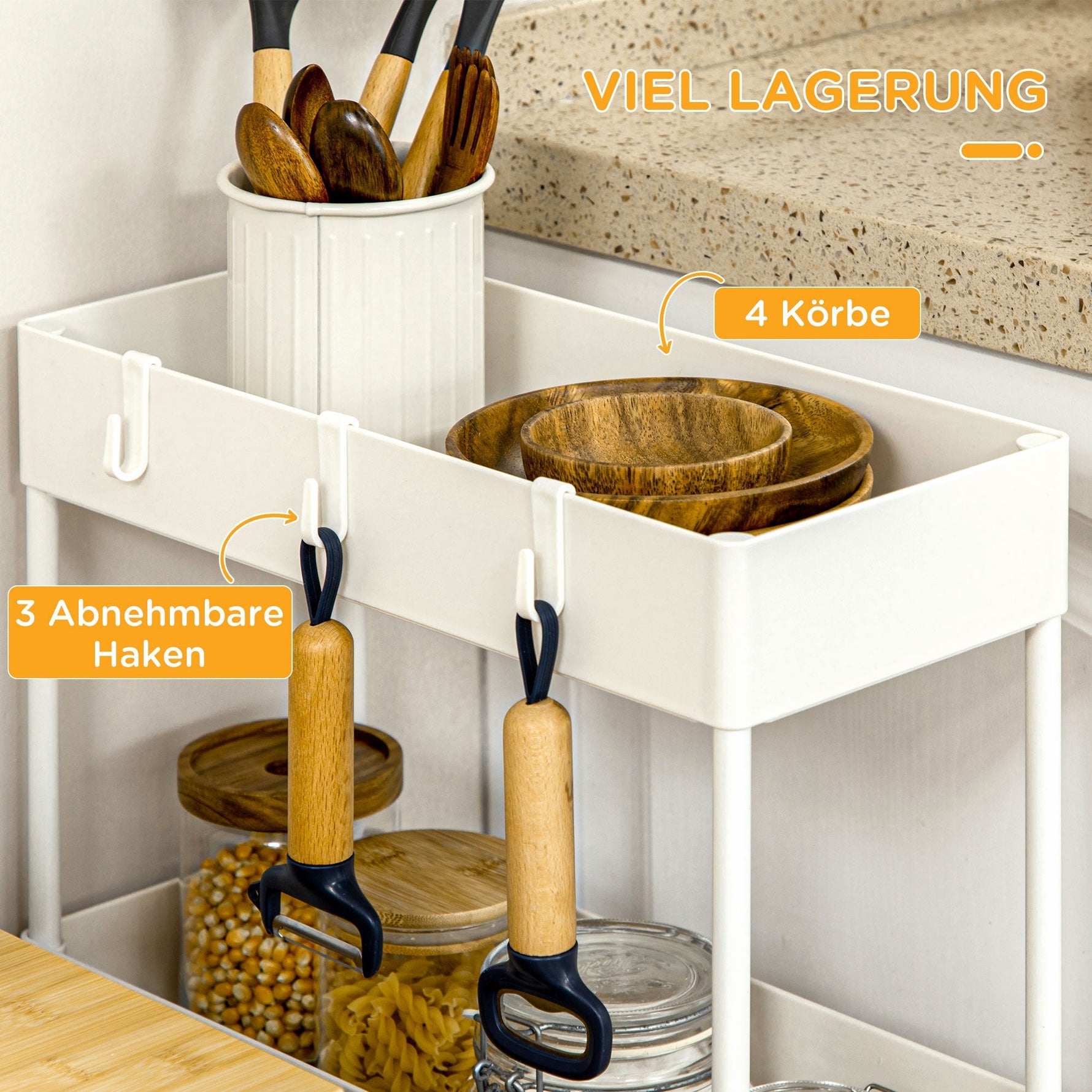 Rolling Kitchen Shelf, 4-Tier Storage with Wheels & Brakes, White