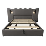 Upholstered Double Bed 180x200 with Storage, Lamp & USB, Grey Linen