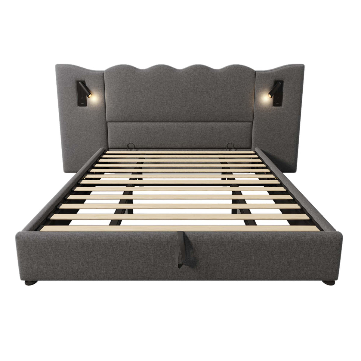 Upholstered Double Bed 180x200 with Storage, Lamp & USB, Grey Linen