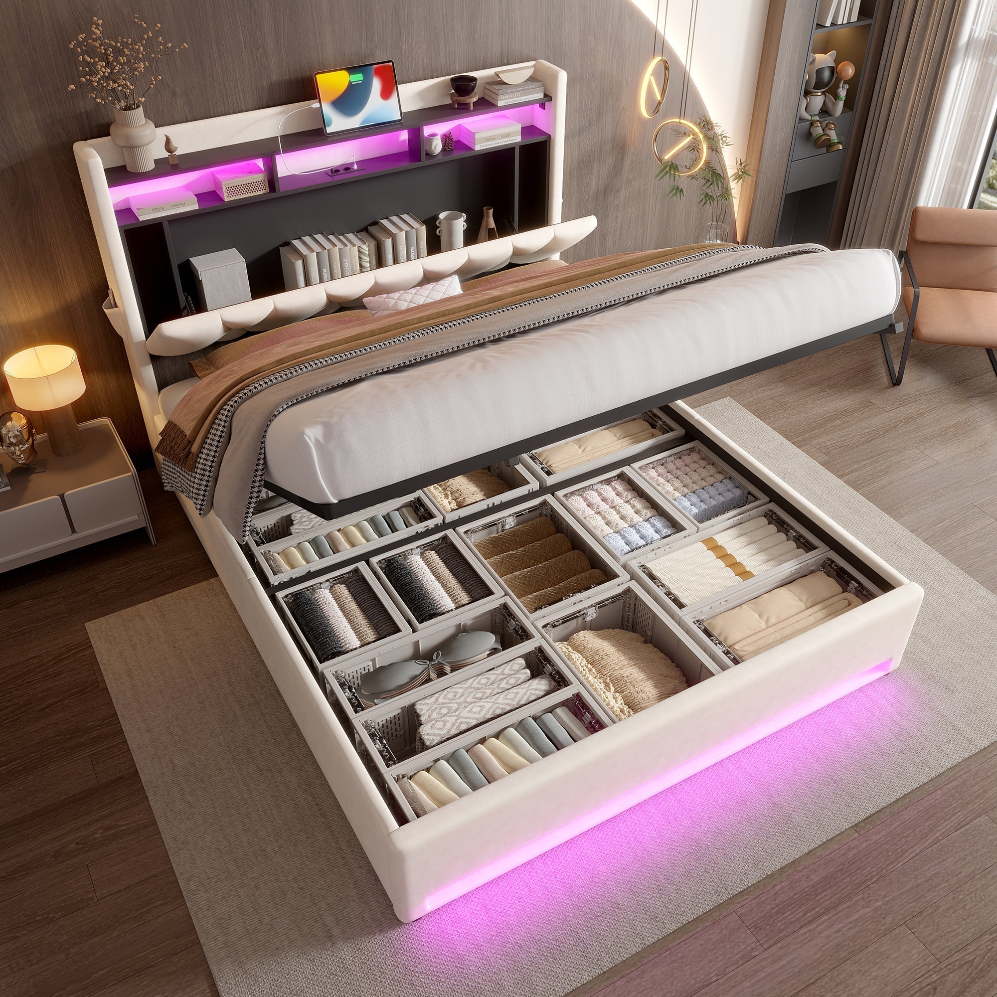 Upholstered Bed Frame, LED Lighting, USB-C Charging, Storage, Beige