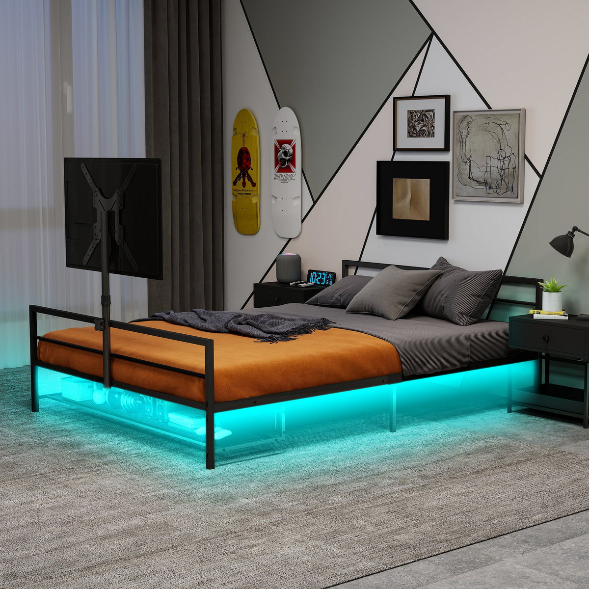 Gaming Bed: Adjustable Holder, LED Lights, Underbed Storage - Black Metal