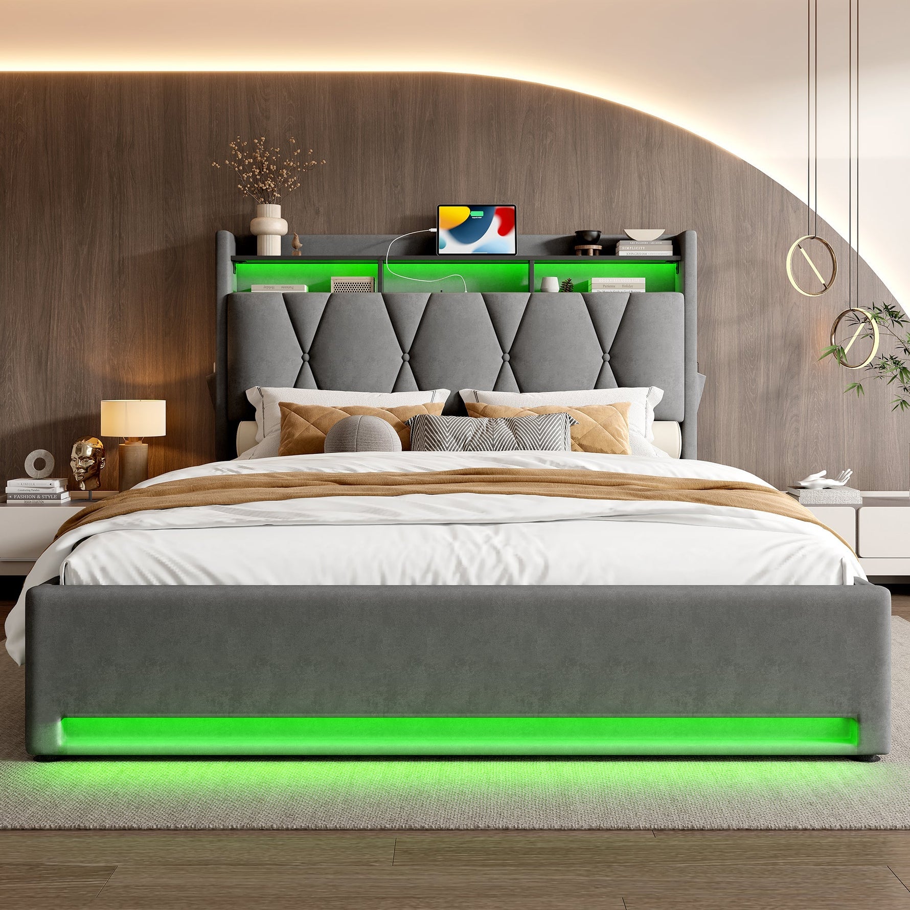 Upholstered Bed Frame 140x200cm, LED, USB-C Charging, Hydraulic Storage Headboard, Grey