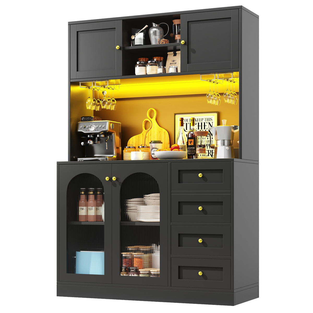Sideboard Buffet Cabinet with 4 Doors, LED Light and Drink Holders, Black and White