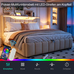 Upholstered Storage Bed 140x200 cm with LED & USB, Beige Linen
