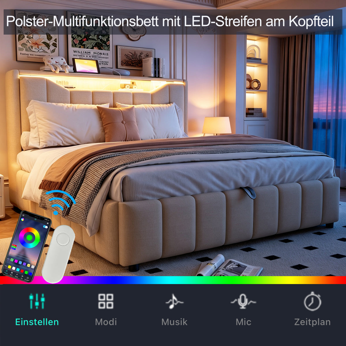 Upholstered Storage Bed 140x200 cm with LED & USB, Beige Linen