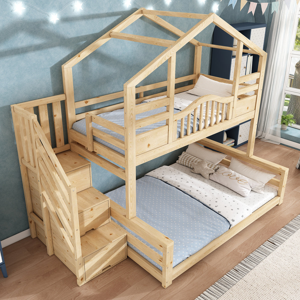 Children's Bunk House Bed 90x200/140x200 with Storage, Natural Wood