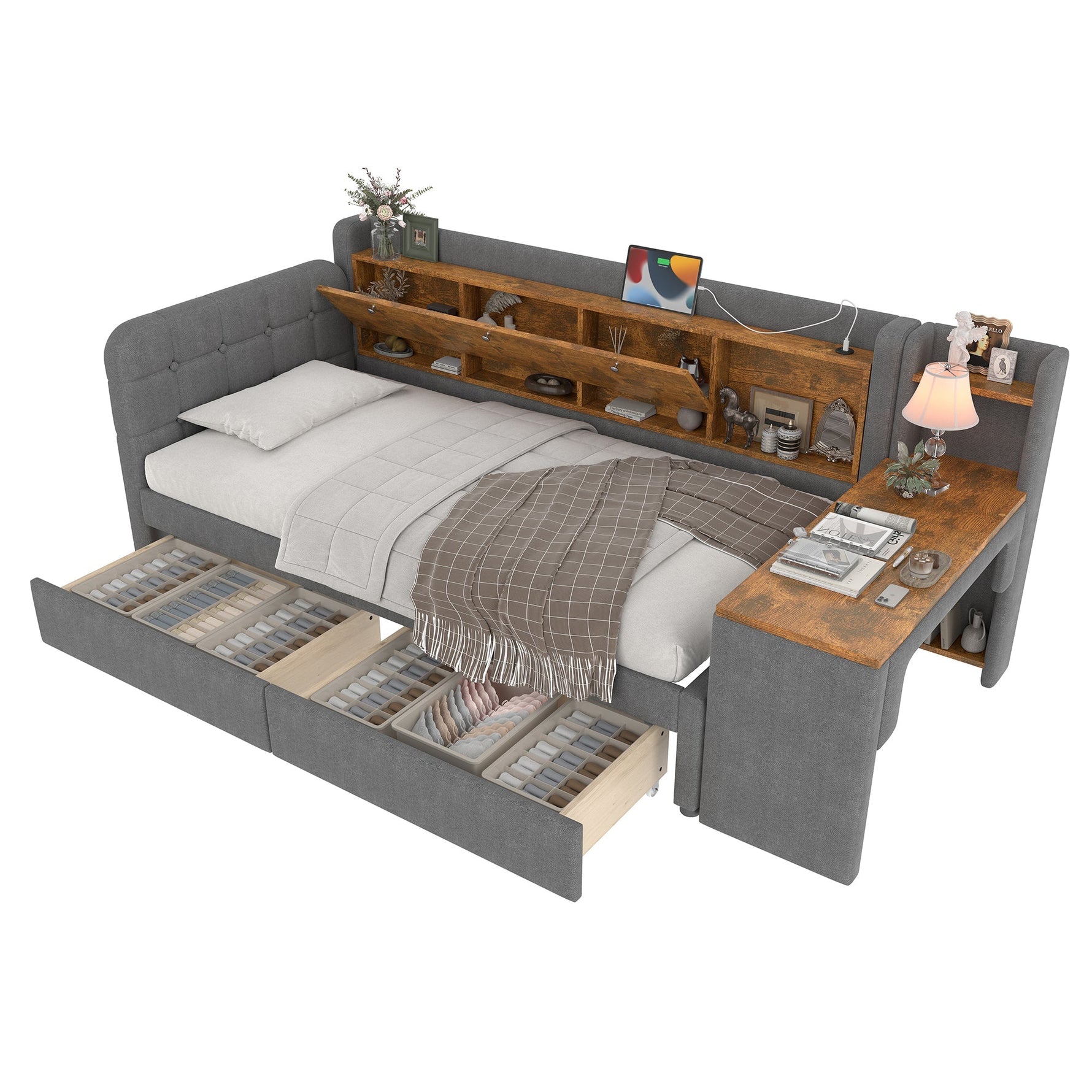 Daybed with Desk and USB Charging, 2 Drawers and Storage Compartments, Grey Linen