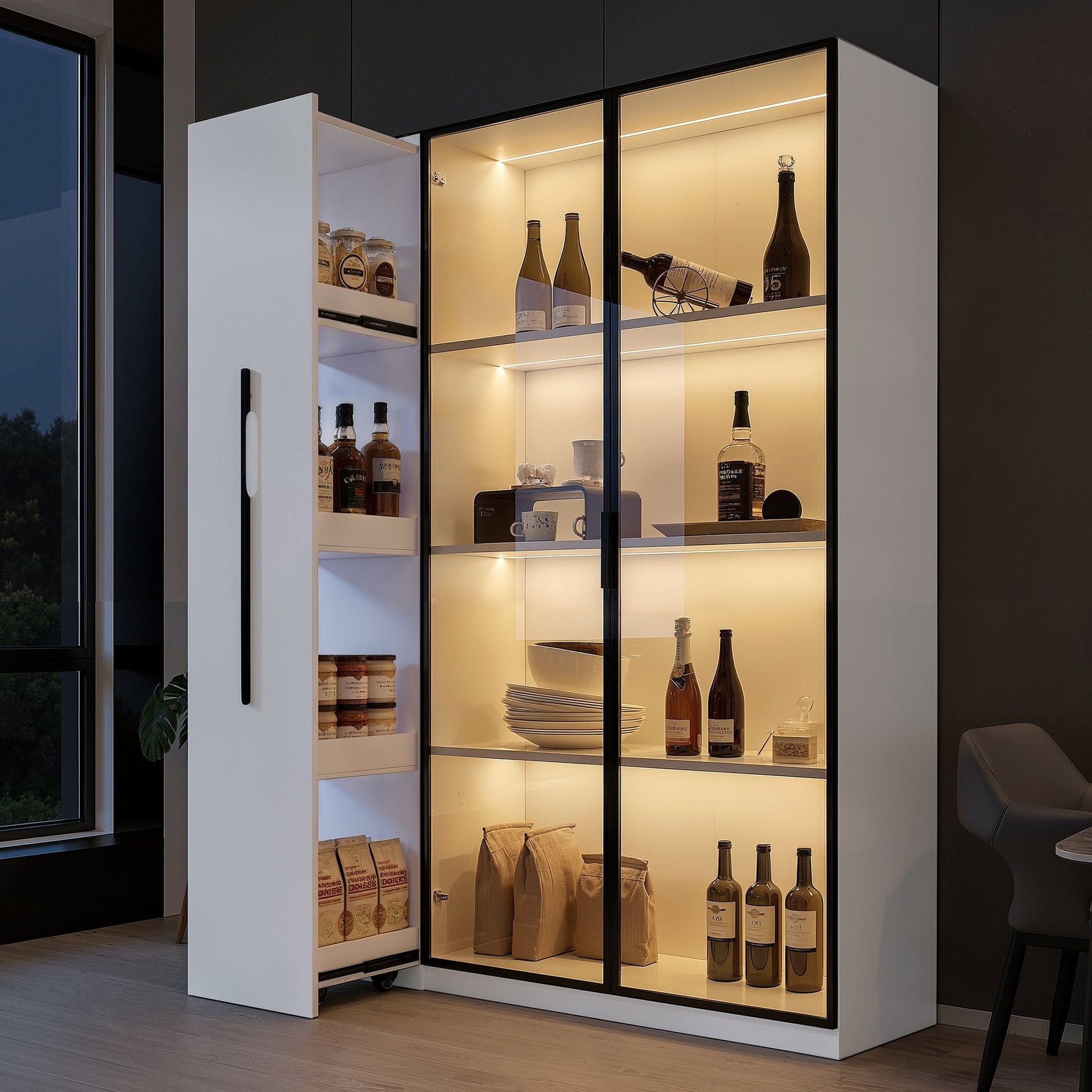 Multifunctional Cabinet with Glass Door, LED Lighting and Side Pull-out, Amber Glass and MDF