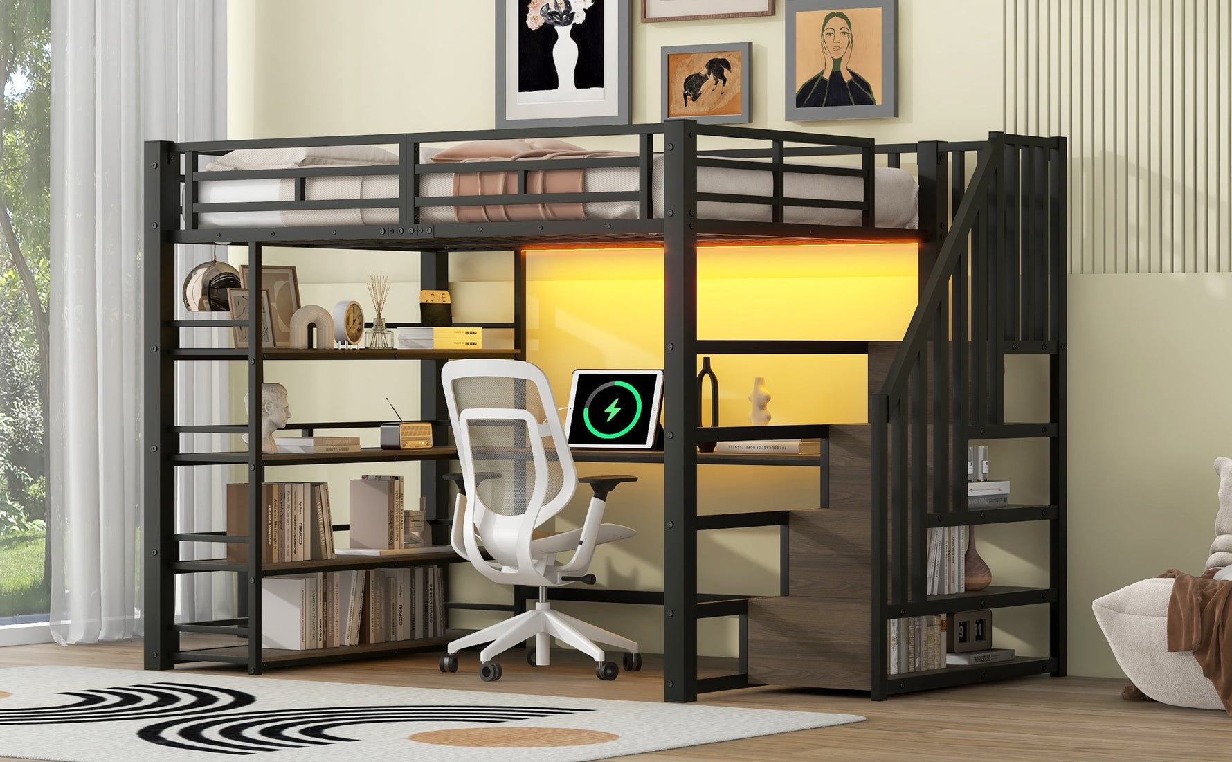 Metal Loft Bed with Stairs, Desk, Storage, USB and LED, 140x200, Black