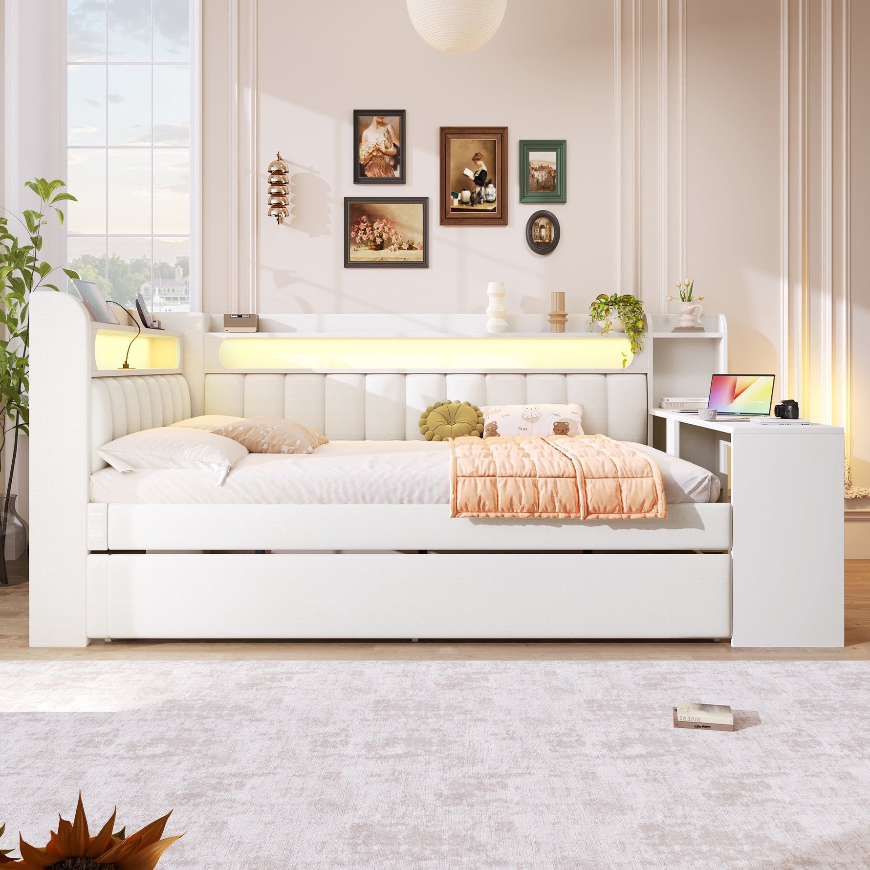 Upholstered Daybed 140x200 with USB, LED, Pull-Out Bed and Desk, White