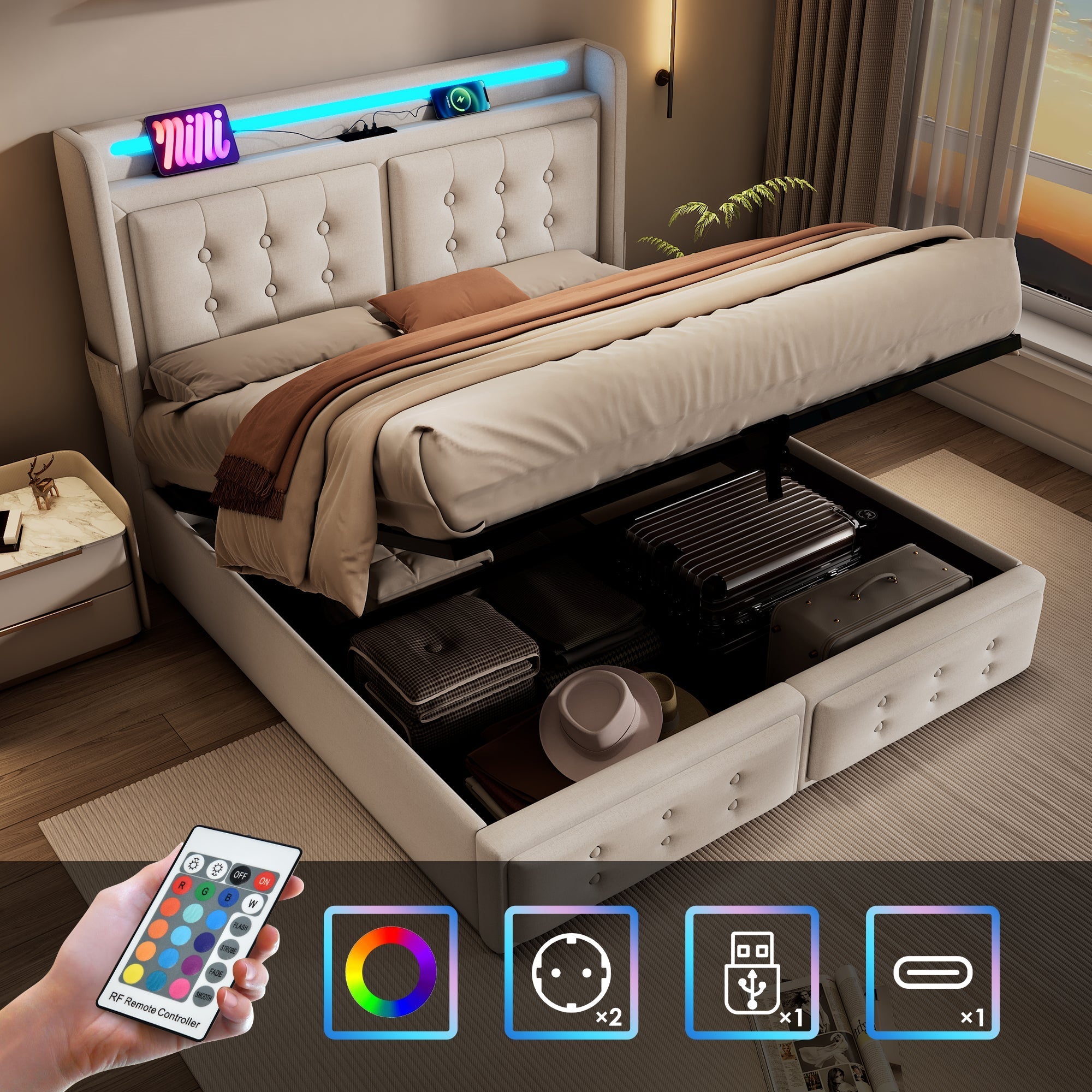 Upholstered Bed 140x200 LED USB Hydraulic Storage, Beige Cotton