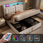 Upholstered Bed 140x200 LED USB Hydraulic Storage, Beige Cotton