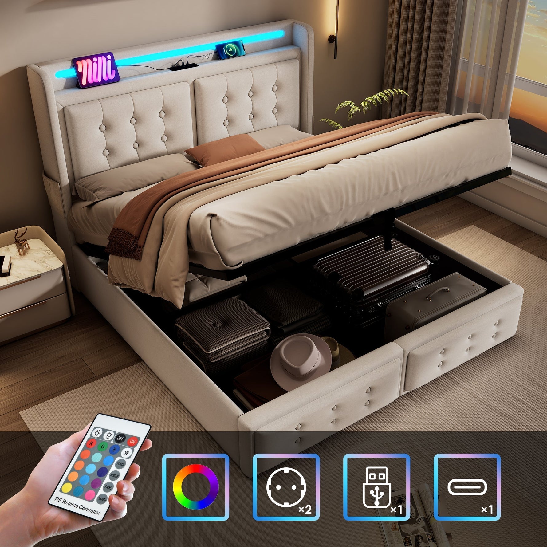 Upholstered Double Bed 180x200cm, Hydraulic Storage, LED Headboard and USB-C Charging, Beige Cotton