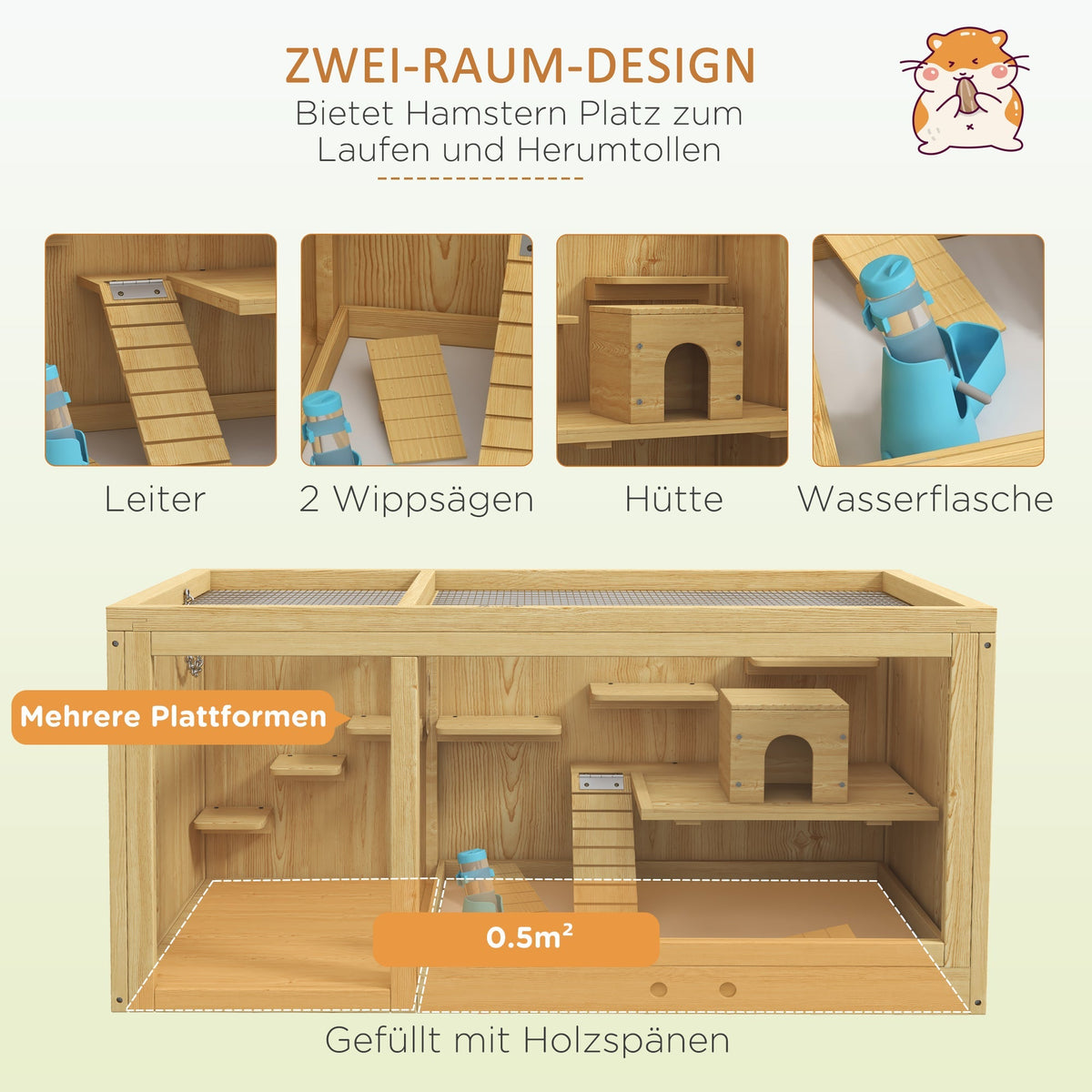 Hamster Cage, Playhouse Gerbils Swings Ladders Opening Roof, Natural Wood