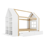 Children's House Bed 90x200 with 2 Drawers & LED, White & Natural