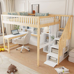 Loft Bed with Desk, LED Lights and Storage Shelves, 140x200cm, White and Natural