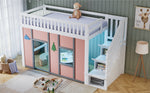 Children's Loft Bed 90x200 cm with Storage Stairs in White & Pink