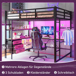 Loft Bed 140x200cm with LED Desk USB Port 3 Drawers Stairs - Black