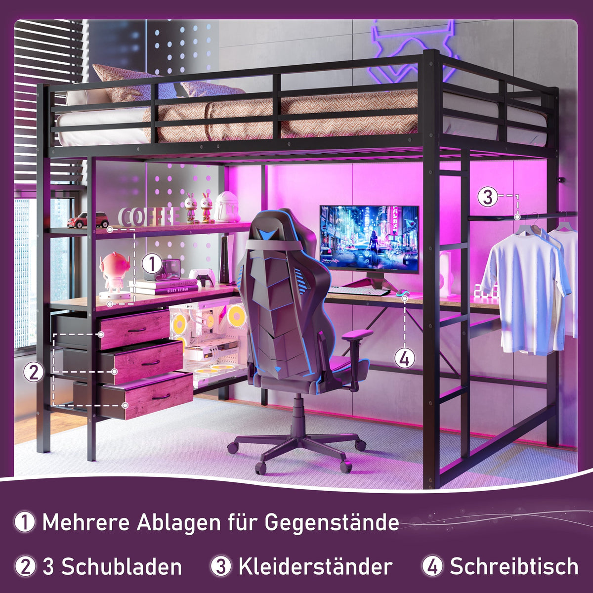 Loft Bed 140x200cm with LED Desk USB Port 3 Drawers Stairs - Black