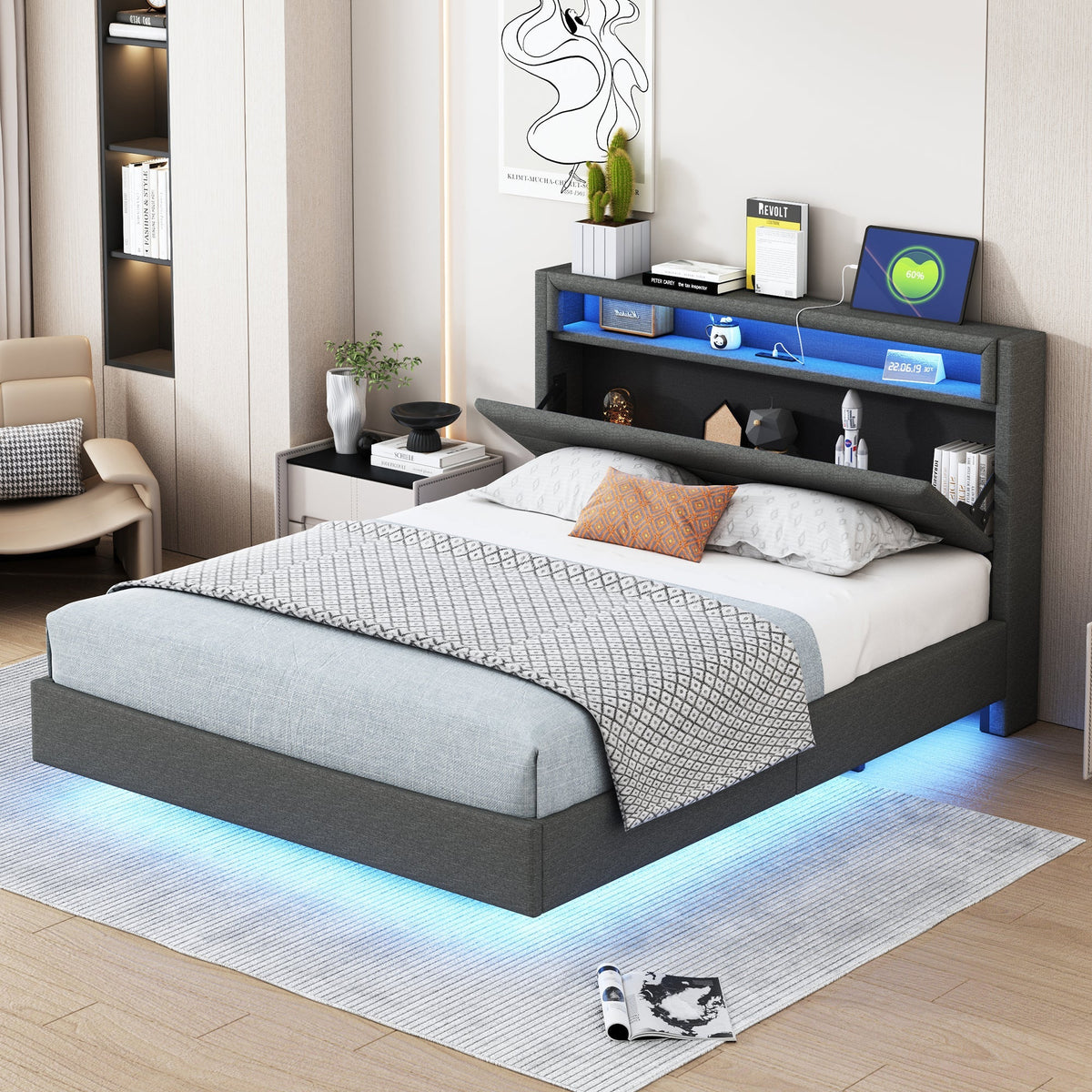 Upholstered Bed 140x200cm, USB & LED, Reversible Headboard, Linen Fabric Grey
