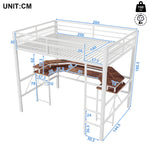 Loft Bed with Desk, LED Light Strip, USB Ports and Pegboard, White Metal Frame